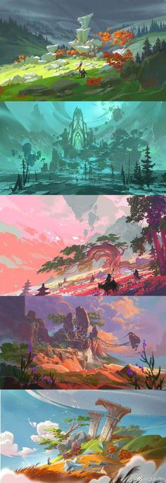 four different landscapes with trees and mountains in the background, each showing different color variations