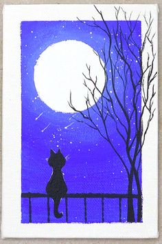 a painting of a cat sitting on a fence looking at the moon