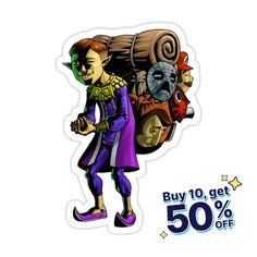 a sticker with an image of a clown carrying a barrel and the words buy 10 get 50 % off