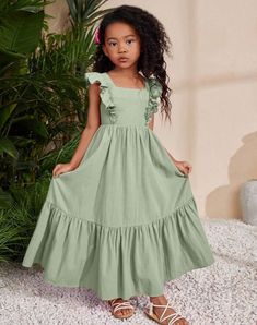 Kids Summer Dresses, Green Summer Dresses, 2piece Outfits, Kids Fashion Dress, Sleeveless Long Dress, Blouse Work Designs, Flounce Sleeve, Sewing For Kids