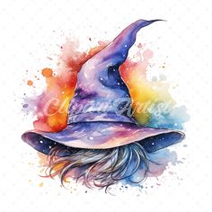 a watercolor painting of a witch's hat with long hair and colorful paint splat