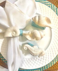 seashells are placed on a plate next to a white napkin and blue ribbon