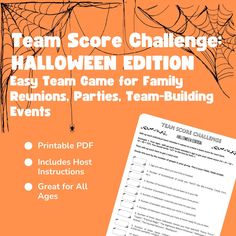 an orange poster with the words team score challenge halloween edition written in black on it