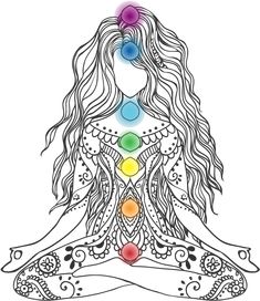 a woman sitting in the lotus position with seven chakras on her chest and hands