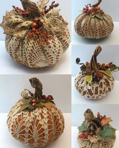 four different pictures of decorative pumpkins with crochet designs on them and leaves