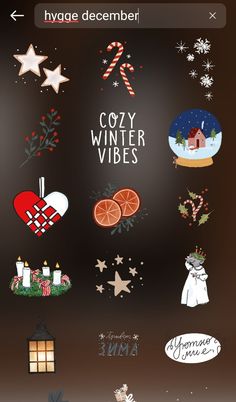 an image of christmas stickers on the back of a cell phone with text that reads cozy winter vibes