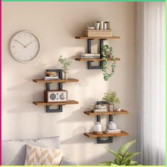 a living room with three shelves on the wall and a clock mounted to the wall