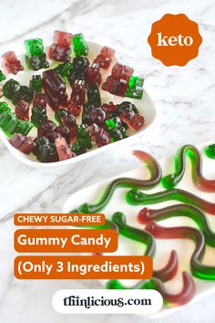 gummy candy is in a white bowl on a marble table with the words keto below it