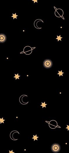 stars and planets in the night sky with gold outlines on black background stock photo