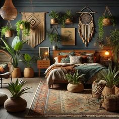 a bedroom with plants and wicker furniture