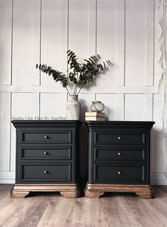 two black dressers side by side with a plant in the middle and a book on top