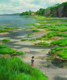 a painting of a person standing in front of a body of water surrounded by green grass