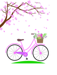 a pink bicycle with flowers in the basket is parked next to a tree and grass