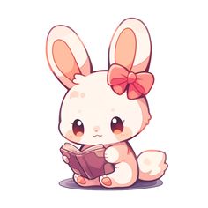 a cartoon bunny reading a book with a bow on her head and holding it in its paws