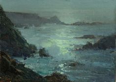 an oil painting of the ocean and rocks