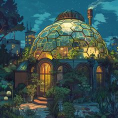 an image of a glass dome house in the middle of trees and plants at night