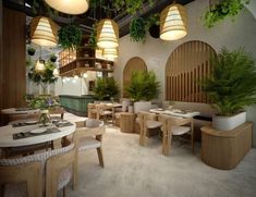 the interior of a restaurant with wooden tables and chairs, potted plants hanging from the ceiling