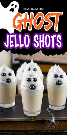 ghost jello shots with black beads and white whipped cream in front of a spooky background