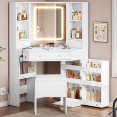 a white vanity with lighted mirror and shelves