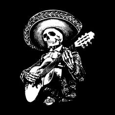 a skeleton wearing a sombrero and holding a guitar in one hand while playing the guitar