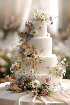 a white wedding cake with flowers on top