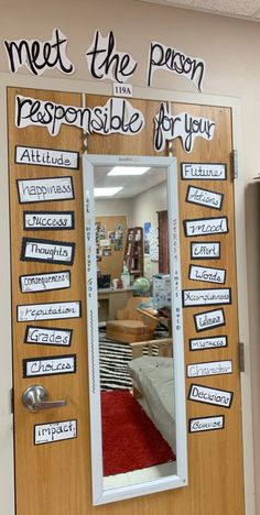 a classroom door with writing on it that says meet the person i responsible for you