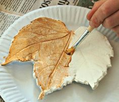 a person is painting a leaf on a paper plate