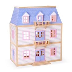 a wooden doll house with pink and blue windows