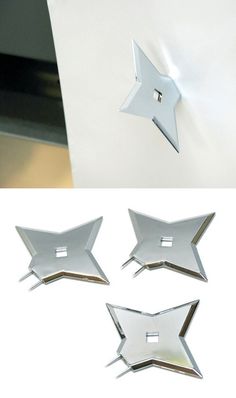 three different angles of the door handle on a white cabinet with four metal stars attached to it