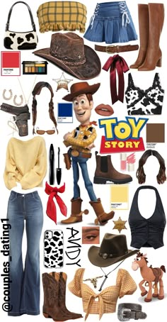 Collage of clothing inspiration to create a DIY Woody Halloween costume. Lots of blue, yellow and reds, cowboy/ cowgirl accessories. Woody Outfit Women, Woody And Jessie Costumes Best Friends, Jessie Outfit Toy Story, Female Woody Costume, Toy Story Dress Up, Toy Story Dress Up Ideas, Disney Character Themed Outfits, Halloween Theme Outfits