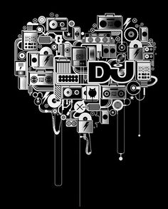 a heart made up of various electronics and music equipment in black and white on a dark background