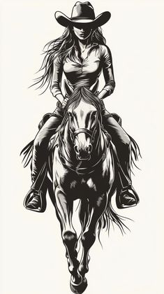 a black and white drawing of a woman riding on the back of a brown horse