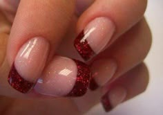 Glitter Acrylics perfect for fall, winter or summer. Nail Designs Red Tips, Red Shimmer French Tip Nails, Colored French Tip Nails Christmas, Dipped Nails Ideas French Tip, Red Sparkle Tip Nails, Red Nails With Silver Glitter Tips, Red French Glitter Nails, Red Glitter Nails Acrylic French Tips, Red Glitter Tip Nails