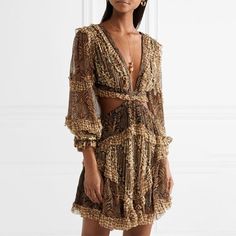 Boho Chiffon Lace Up Back Lantern Sleeve Mini Dress (Brown) Vintage Flower Prints, High Quality Dress, Slim Dresses, Printed Silk, Cheap Dresses, Bandage Dress, Long Sleeve Mini Dress, Vintage Skirt, Flower Print