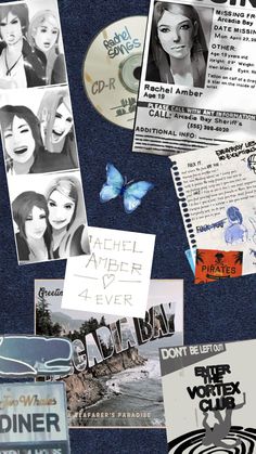 many different pictures and words on a blue background with an image of a woman's face