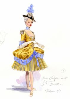 a drawing of a woman in a yellow and blue dress with a hat on her head