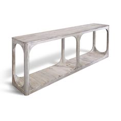 a white wooden shelf with three shelves on each side