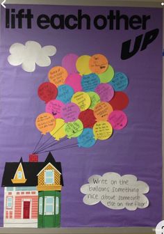 a bulletin board that has been decorated with balloons and writing on the front, along with an image of a house