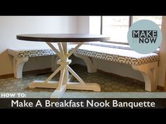 the breakfast nook banquet table is made to look like a bench