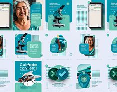 a series of brochures with images of people looking through microscopes and insects