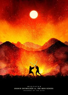 two people holding swords standing in front of a fire with mountains and the sun behind them