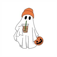 a ghost with a drink in it's hand and a pumpkin on the other side