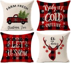 three pillows with christmas designs on them, one is red and the other is black