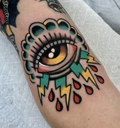 an eye tattoo on the arm and leg