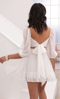 Party dresses > Neia Ruffle Dress in White Chiffon White Long Sleeve Mini Dress, White Dresses Graduation, Mini Dress Outfit, White Mini Dress Graduation, Cute White Dress, Fest Outfits, White Mini Dress Outfit, Mini Dress Formal, White Short Dress