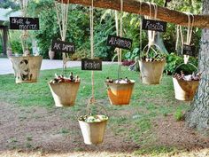 several hanging planters with plants in them on the grass near a tree and sidewalk