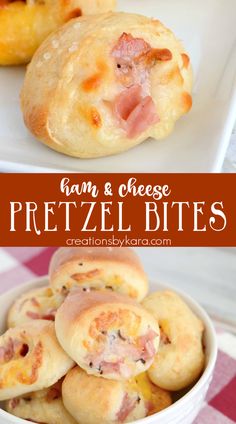 ham and cheese pretzel bites in a white bowl