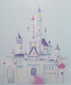 a drawing of a castle with stairs leading up to the top and bottom floors, in pastel colors