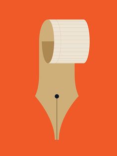 an orange background with a pencil and a roll of paper sticking out of the end