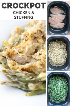 chicken and stuffing in different bowls with text overlay that reads crockpot chicken and stuffing